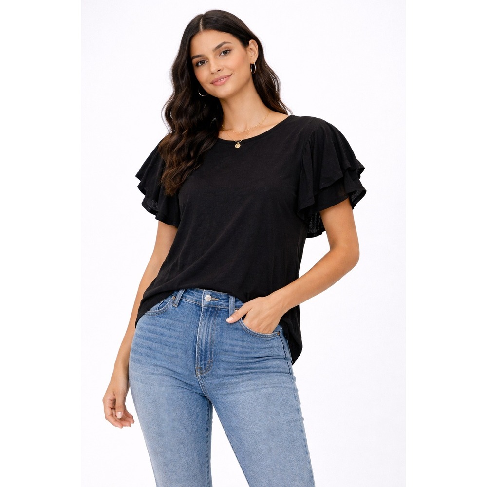 Gilli Top Womens Small Black Flutter Sleeve Linen Blend‎ Tiered OT6083